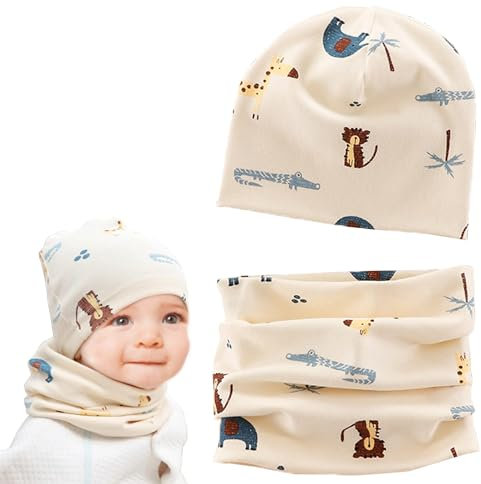 Norhogo baby-mütze dünn, Baby Kinder Baumwolle Mütze Schal Set, Wintermütze für Jungen Mädchen Baumwolle, Beanie Hüte + Schlauchschal, beanie mütze jungen, loopschal baby, L,Beige Elefant