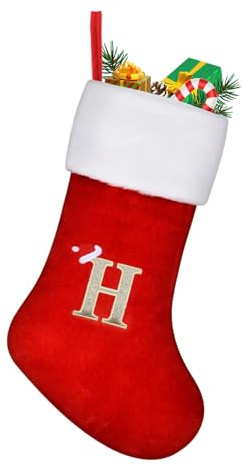 TOPWAYS Christmas Stockings, Large Monogram Xmas Stockings (H) | Personalized Embroidered with Letters, Red Fireplace Hanging Santa Socks for Christmas Decor Xmas Gift
