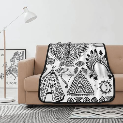 Feder-Kopfband Tipi Zelt bedruckte Flanell-Überwurfdecke 259,1 x 322,6 cm – warme und gemütliche Sherpa-Decke für Bett, Couch, Reisen, Sofa Stühle
