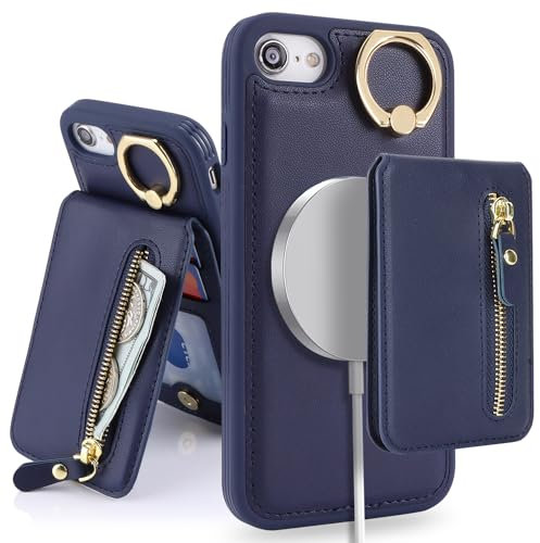 SailorTech iPhone Case with Card Holder, Cover for iPhone 7/8/SE 2020/SE 2022 - Ring Stand Kickstand Wallet - Navy Blue