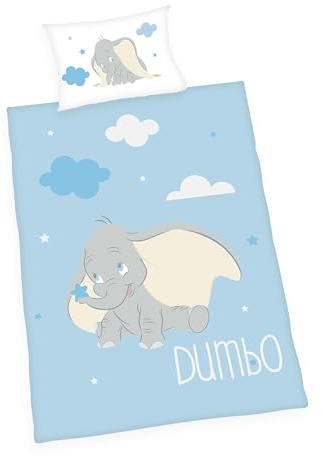 Herding Bettwäsche Dumbo Disney, Kopfkissenbezug 40 x 60 cm mit Wende-Motiv, Bettbezug 100 x 135 cm, Mit Reißverschluss, 100% Baumwolle