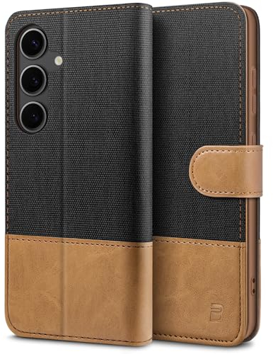 BEZ Handyhülle für Samsung Galaxy S24 Hülle, Tasche Kompatibel für Samsung S24, Schutzhüllen aus Klappetui mit Kreditkartenhaltern, Ständer, Magnetverschluss, Schwarz