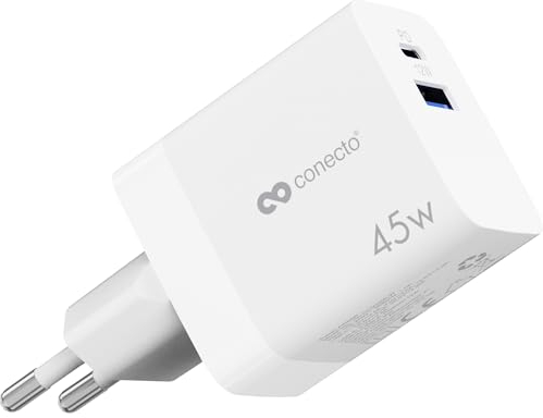 conecto USB C Ladegerät, 2 Port Mehrfach Adapter, Netzteil 45 Watt Schnellladegerät kompatibel mit Apple iPhone 15, Samsung, Tablet, Laptop UVM, GaN QC PD Charger, Weiß