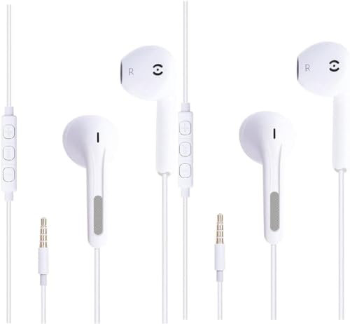 Mr. Gadget's Solutions 3.5mm White Earbuds Microphone Noise Isolating Wired Earphone headset Compatible WITH mic android/laptops/MP3 in The Office, Classroom, Home, 2-Pack