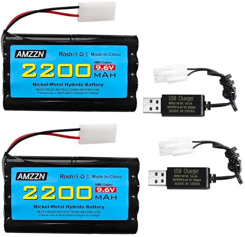 AMZZN 2PCS 9.6V 2200mAh AA NiMH Battery with Tamiya Plug and 2PCS USB Charging Cable for RC Toy Cars, Trucks, Tanks, Engineering Vehicles, RC Ships, Rechargeable Battery Accessories