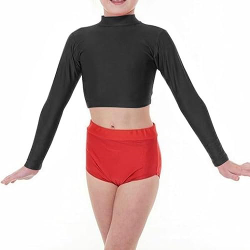 Prime fashions Girls Long Sleeve Polo Neck Crop Top Nylon for Dance Ballet Gymnastics (11-12 Years, Black)