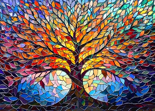 PICKFORU Stained Glass Puzzle Tree Age 16+ of Life Puzzles for Adults 1000 Pieces, Impossible Hard Difficult Challenging Puzzles for Adults, Colorful Mosaic Tree of Life Jigsaw Puzzle 1000 Pieces