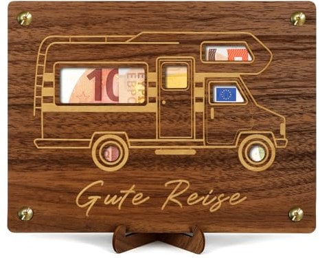 Giftota Geldgeschenk Reise - Camping mit Wohnmobil - Geburtstag Geldgeschenk Holz mit Grußkarten, Reise Geschenk, Urlaubskasse, Reisegutschein Geschenk Verpackung
