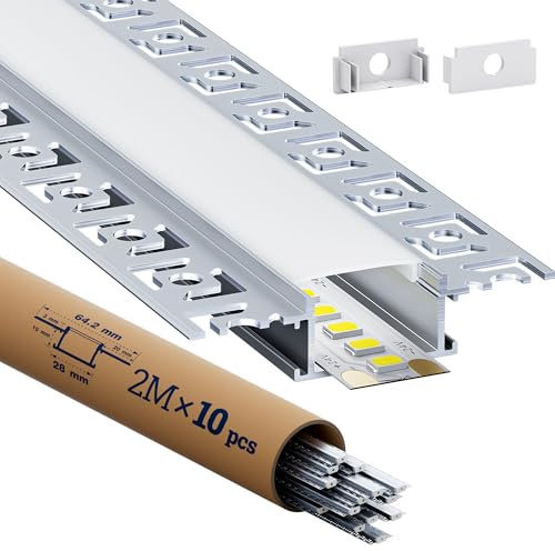HOOLED Profilo Alluminio per Strisce LED 2 m x 10 pezzi Con coperchio opaco Profili per strisce led Dimensioni 28 mm(Alette 64,2 mm) x 10 mm Supporta strisce di larghezza inferiore o uguale a 20,2mm