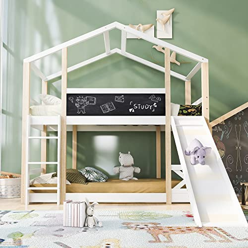 Lexiou Kinderbett Baumhaus mit Rutsche & Leiter 90 x 200 cm, Hochbett für Kinder– 2X Lattenrost