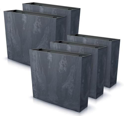 IMJ-Global Juego de 5 macetas rectangulares para flores y plantas Urbi Case, efecto Beton, de plástico, 58 x 18 x 49,8 cm, para interior y exterior, negros, 44 litros, diseño moderno