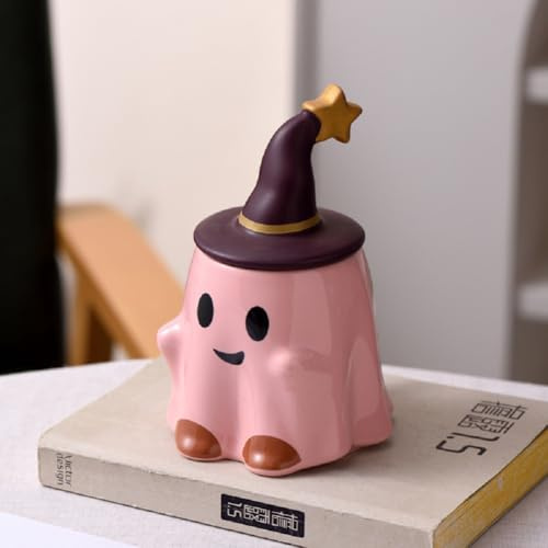 FülleMore Süße Cartoon 3D Geist Tasse Keramik Kaffeetasse Geister-Tasse mit Henxenhut Deckel Kaffeebecher Teetasse Geschenk für Frauen Männer Mödchen Junge (Rosa)