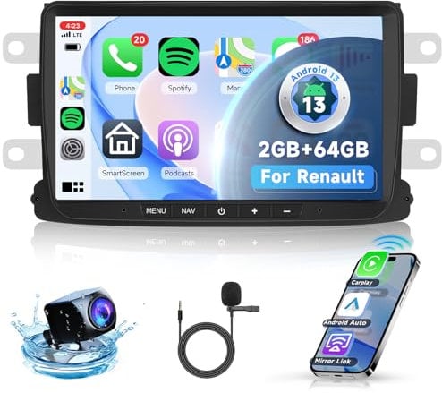 Hodozzy 2G+64G Radio para Renault Dacia Duster Sandero Dokker Logan Lodgy Captur con Carplay Android Auto,Pantalla Android Coche de 8 Pulgadas con GPS Bluetooth WiFi FM/RDS EQ Canbus + Cámara