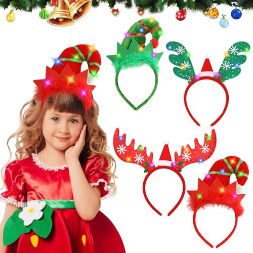 Lot de 4 bandeaux de Noël lumineux avec LED - Serre-tête de Noël pour adultes, femmes et hommes - Serre-tête de Noël avec bois de renne, flocons de neige