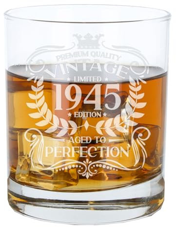 Always Looking Good 80th Birthday Gift for Men Vintage 1945 Aged to Perfection Engraved Whiskey Glass Present for 80 Year Old Etched Whisky Bourbon Scotch Lowball Tumbler Glasses