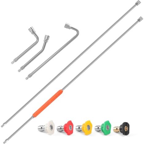 Pressure Washer Wand Extension, 120 Stainless Steel Replacement Pressure Washer Lance Wand with 30°/90°/120°Gutter Cleaner Attachment Curved Rods Power Washer Extender Wand with 5 Nozzle Tips 1/4 QC