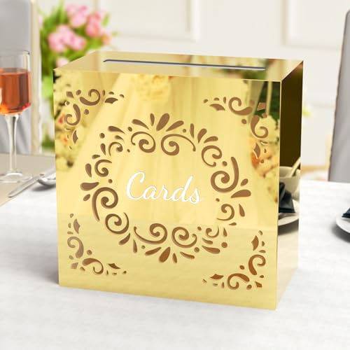 NiHome Acryl Kartenbox Hochzeit – Goldene Hochzeitsbox mit Schiebedeckel, Briefbox Hochzeit für 80–100 Karten, Geschenkkartenbox für Hochzeit, Geburtstag, Babyparty, Jubiläum & Rezeption