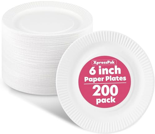 XpressPak Small Paper Plates - [200-Pack] - (6-Inch Round) - Lightweight Uncoated 6 Inch Disposable Paper Plates - For Crafts, Events, Projects, Dry Foods & General Use
