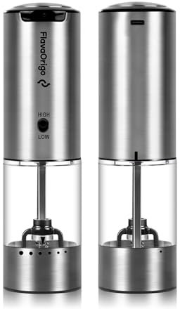 USB-C Rechargeable Electric Salt & Pepper Grinder Set - Mess-Free Coarseness, Large Capacity, Dual Speed, 6-Setting, One-Hand, LED, Stainless Steel (2 Pack)