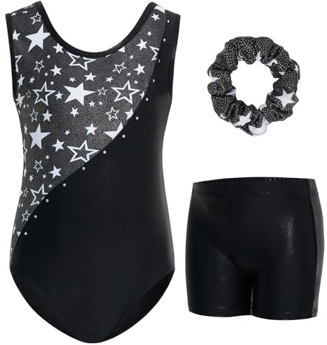 Gogokids Set da ginnastica per ragazze con pantaloncini, body da ginnastica senza maniche per bambini, vestito da ginnastica scintillante per ragazze e abbigliamento da danza per età da 3 a 12, Nero ,