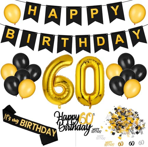 taonganui 60. Geburtstag Deko Set: Schwarz-Gold Luftballons, Banner, Cake Topper & Schärpe für 60. Geburtstag