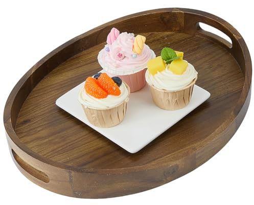 DICOSMETIC 37x30cm Wood Serving Tray with Handles Coconut Brown Decorative Ottoman Tray Large Oval Serving Trays Breakfast Wooden Trays Coffee Table Platter for Cheese Tea
