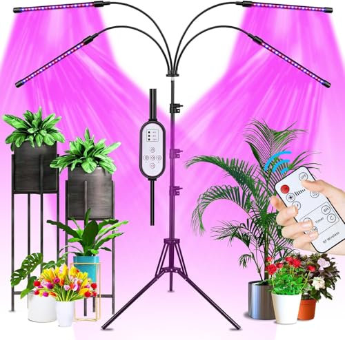 AUXTINGS Grow Lights for Indoor Plants, 4 Heads 80 LEDs Full Spectrum Grow Light for Seedlings with 10 Dimming Level & 3 Lighting Modes, Indoor Grow Light with Auto Timer and Height-Adjustable Stand