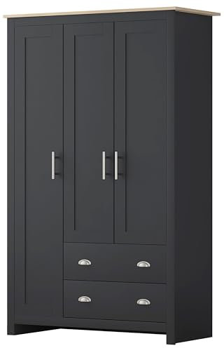Nera 3 Door Wardrobe with Drawers Shelves and Hanging Rail Tall Wardrobes for Bedrooms Storage (Grey on Oak)