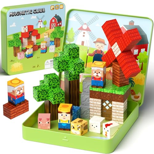 Magnetische Bausteine Reise Spielset, 49PCS Reise Magnet-Bausteine Spiel, Bauernhof Tiere magnetische Konstruktionen Spielzeug für Kinder ab 3 Jahren, STEM Montessori stapeln Spielzeug
