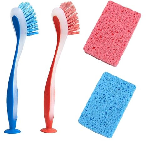 Sink Brush, 4-Piece Set with 2 Washing Up Brushes for Kitchen and 2 Sponges, Dish Brushes, Kitchen Brush for Dishes, Pink and Blue, 23.5 X 3.5 Cm, Dishwashing Cotton 11 X 7 X 2.5 Cm