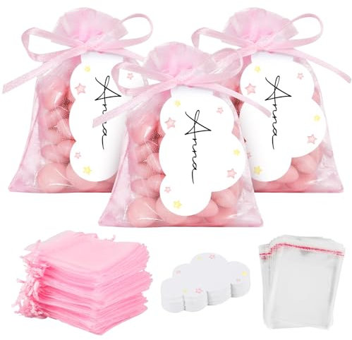 BOFUNX Set di 50 bomboniere per battesimo, 50 sacchetti in organza + 100 piccoli sacchetti di cellophane + 50 ciondoli a forma di nuvole + nastro di seta, nascita, battesimo, feste, bomboniere
