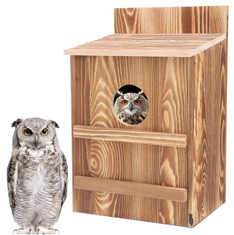 Eulenkästen | Vogelhäuschen aus Holz | Kreisförmiges Öffnungsdesign | Einfache Montage mit Befestigungsschrauben | Große rechteckige Vogelhöhle für Turmfalken und Kreischeulen | Nistkasten für Vogelha