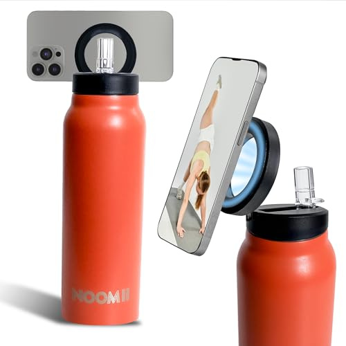 NooMii Edelstahl Flasche – 800ml Trinkflasche, Wasserflasche – Doppelwändige Trinkflasche-Edelstahl mit magnetischem Deckel und Strohhalm – Ideal für Büro & Sport mit Handyhalterung (Orange)