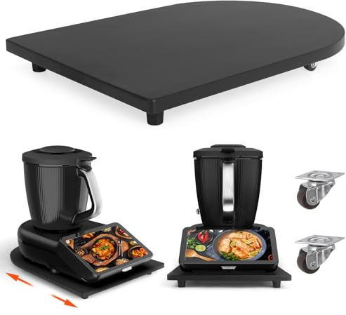 Gleitbrett für Thermomix TM7, Rollbrett aus Bambus mit 360° Rollen & Stopper, Müheloses Verschieben, Schiebebrett als Zubehör für sicheren Stand der Küchenmaschine, Schwarz