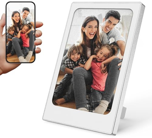 ZONSUSE Mini Cadre Photo Numérique E-Ink, Cadre Photo Portable Aluminium 4 Pouces, Écran IPS 4 Couleurs, Affichage Permanent Économe en Énergie, Meilleurs Cadeaux Photo pour Les Parents (Blanc)