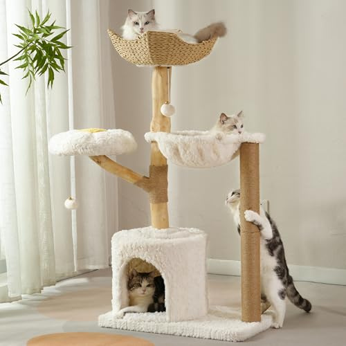 Moewrista Modern Cat Tree with Hammock 48.5 Inches Cat Tower with Scratching Post,Featuring Real Wood Post,Large Rattan Basket, Spacious Flower Perch and Condo for Indoor Cat Large Adults-Beige