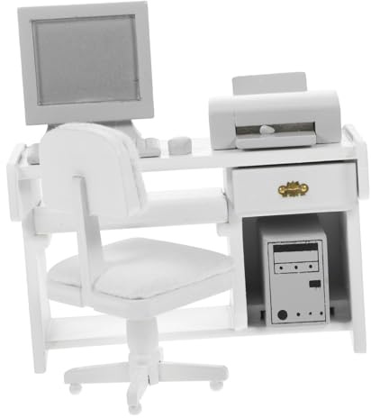 CORHAD 1:12 Miniatur Büroset aus Holz Weißer Schreibtisch und Stühle mit Computer und Drucker Puppenhaus Deko Miniaturmöbel für Kinder Kleiner Büroschreibtisch Zubehör
