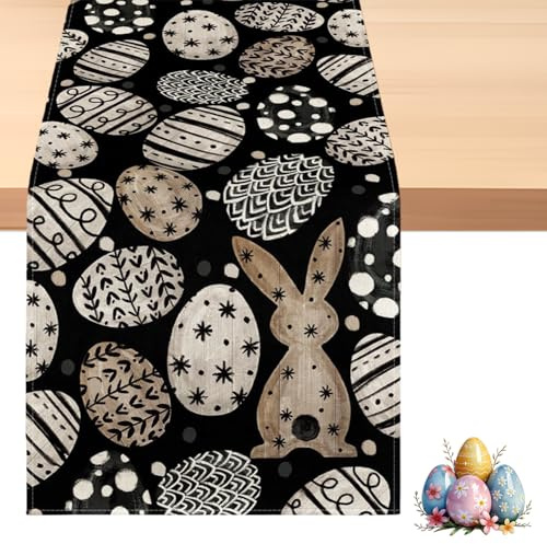 Ostertischdecke,140 × 40cm Mode Schwarz Hasen Ostereierr Ostern Tischläufer,Tischset aus schwarzem Leinen mit Ostereiern,Frühling Tischläufer,Küche Tisch Dekoration,Drinnen Urlaub Party Dekor