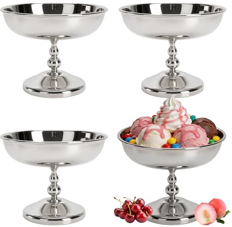 4 Stück Eisbecher Ø10,5cm 180ml Vintage Edelstahl Dessertschale mit Fuß,#2 | Cocktail Gläser Ice Cream Sundae Dessertgläser für Obst Salat Joghurt und Fruchtpudding, für Hochzeiten, Partys
