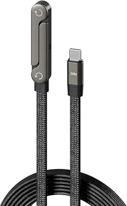 CBDYWVR 2-i-1 Laddkabel 240W med Osynligt Stativ för Skrivbord | Flätad Platt Nylonkabel med Stativ i Zinklegering, 360° Justerbar och 90° Vinkelkontakt, 480Mbps Data Sync, för Surfplatta