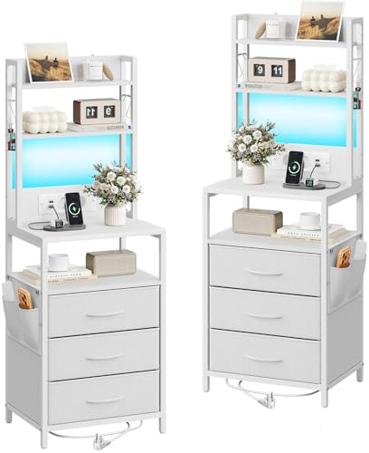 Dripex Nachttisch 2er Set mit Ladefunktion, LED Beistelltisch mit Stoffschubladen