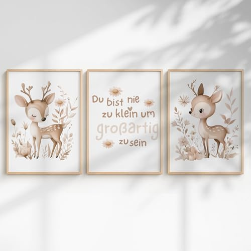 Generisch Kinderzimmer Poster 3er Set – Babyzimmer Wandbilder mit liebevollem Spruch und Tiermotiven (Rehe, A3 - ohne Rahmen)