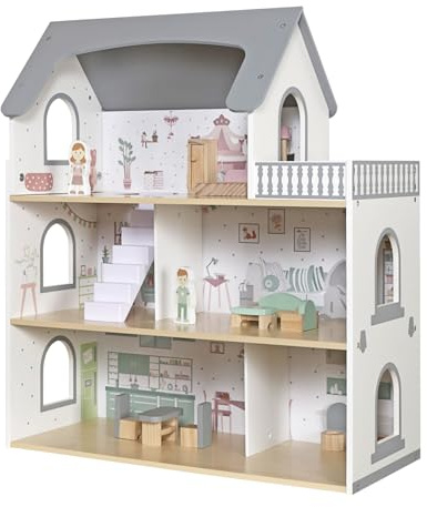 Puppenhaus aus Holz in Grau, 3-stöckige Puppenvilla mit 14-teiligem Zubehör, Möbeln und Figuren, großes Spielhaus für Kinder ab 3 Jahren
