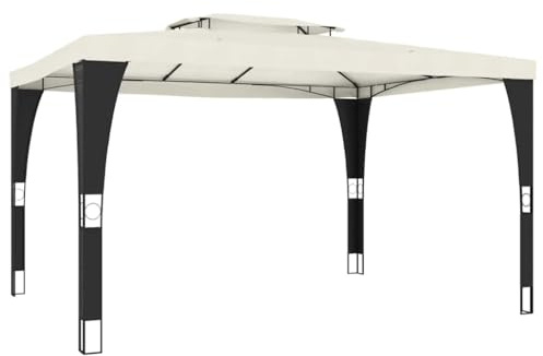 Xhnifbn Pavillon mit Doppeldach 4x3m Gartenpavillon mit Stahlgestell und Rattan-Elementen Stabiles Gartenzelt für Terrasse und Garten Anthrazit und Creme 3,98x2,98 m