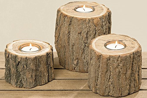 BOLTZE Teelicht Teelichthalter Holz Natur 3er Set H 7-13 cm