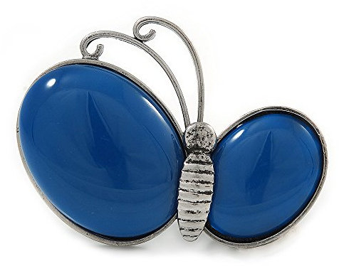 Avalaya Broche/pendentif asymétrique en céramique bleu roi et métal de couleur argent vieilli, motif papillon - 65 mm