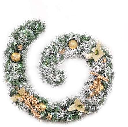Best Artificial Snow Flocked Cream Gold Decorated Christmas Garland with 50 Bright White LED Battery Lights (6ft Garland)