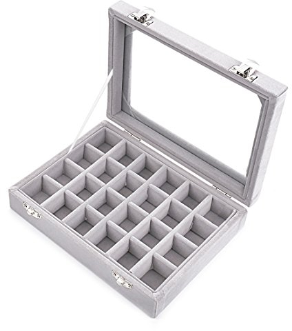 LANTWOO 24 Raster Samt Glas Ringe Ohrringe Schmuck Box Ohrringe Organizer Aufbewahrung Halter Display Etui 2 Verschlüsse grau