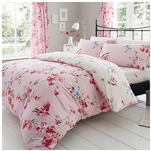 GC GAVENO CAVAILIA Floral 1x Duvet Covers King Size With Matching 2x Pillow Cases, Reversible Botanical Bedding Set, Super Soft Birds Quilt Bed Cover Set, Pink