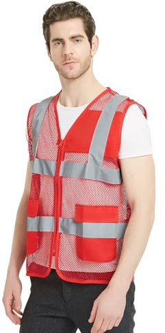 GOGO Unisex US Big Mesh Freiwillige Weste Reißverschluss Sicherheitsweste vorne mit reflektierenden Streifen und Taschen-Rot-US XL